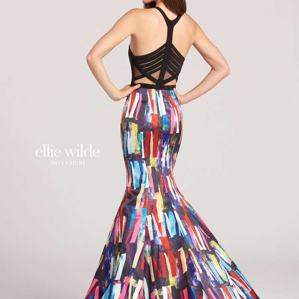 Size 4 black/multi color block Ellie Wilde trumpet prom dress NWT never worn! - Picture 6 of 12